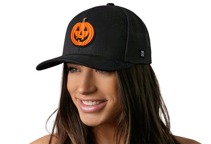 Jack-O-Lantern Trucker Hat  |  Black Pumpkin Snapback