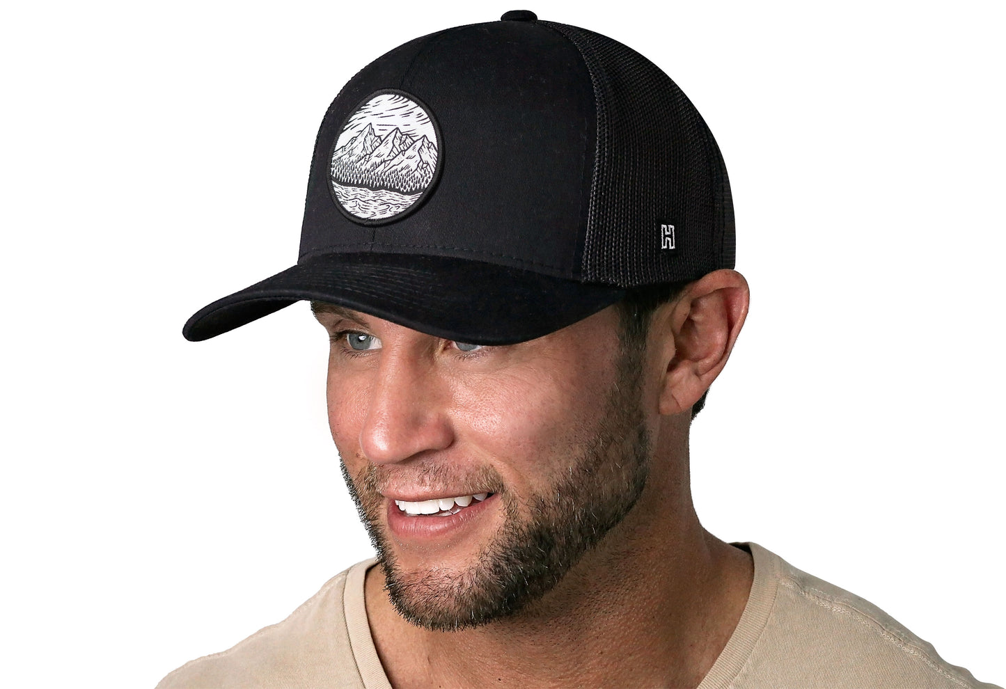 Mountains and Trees Circle Trucker Hat  |  Black Outdoors Snapback