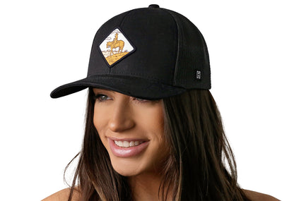 Horse & Cowboy Diamond Trucker Hat  |  Black Snapback