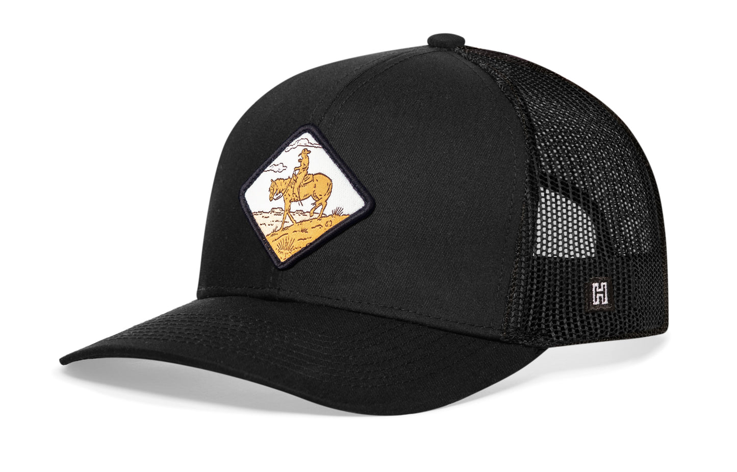 Horse & Cowboy Diamond Trucker Hat  |  Black Snapback