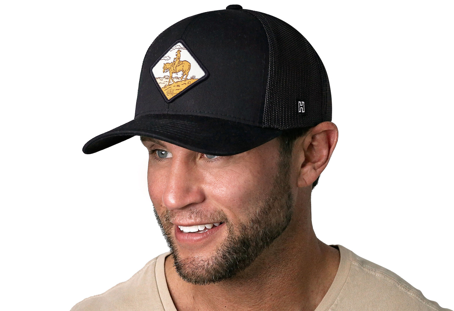 Horse & Cowboy Diamond Trucker Hat  |  Black Snapback