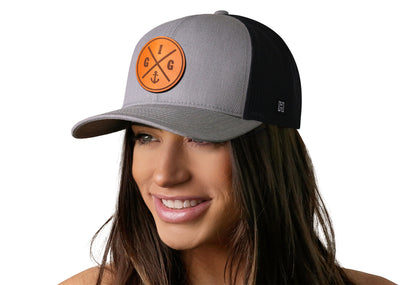 Gig Harbor Leather Trucker Hat  |  Gray Black GIG Snapback