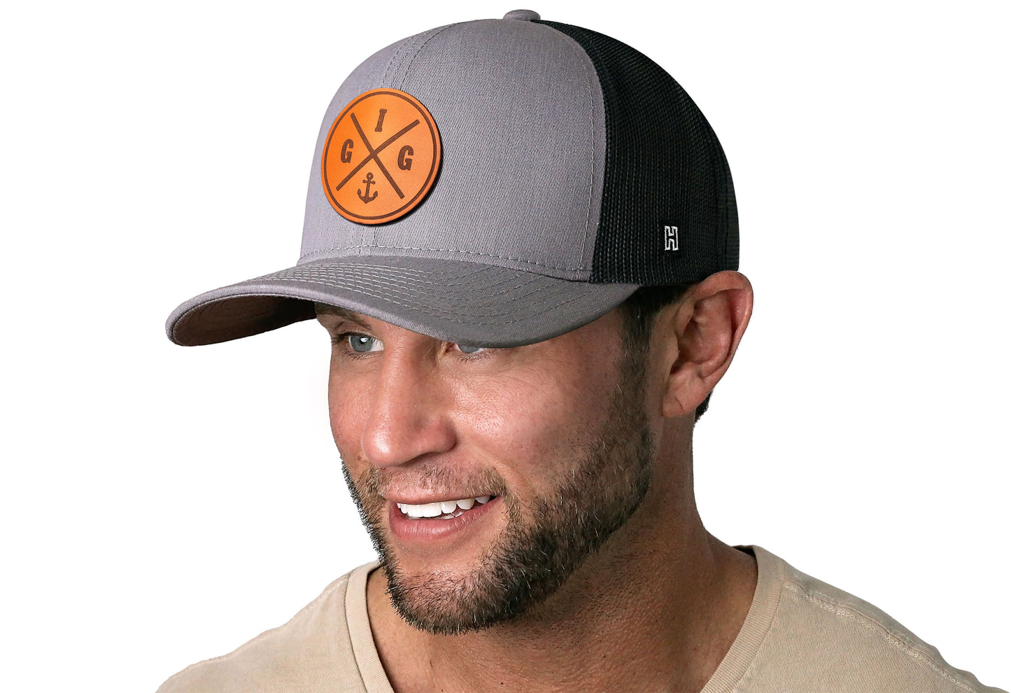 Gig Harbor Leather Trucker Hat  |  Gray Black GIG Snapback