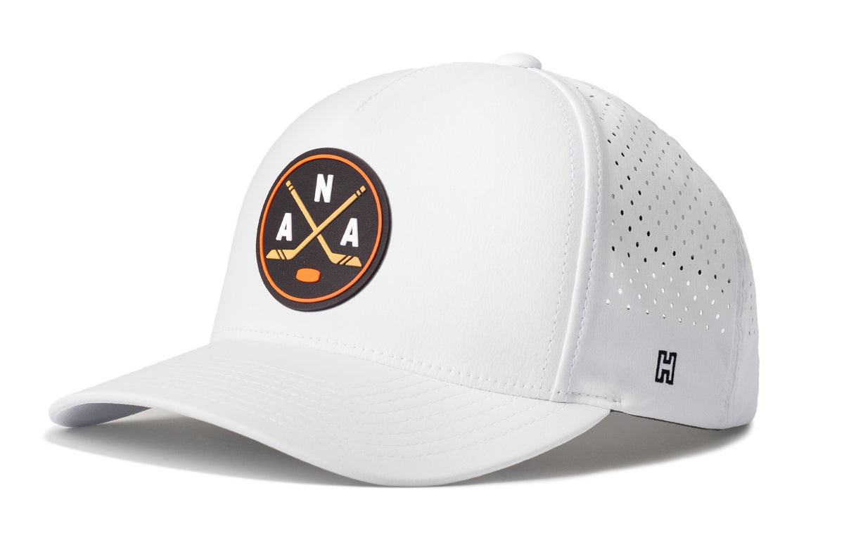 Anaheim Hockey Performance 5-Panel Hat, white snapback showing Haka brandmark on left side of cap.