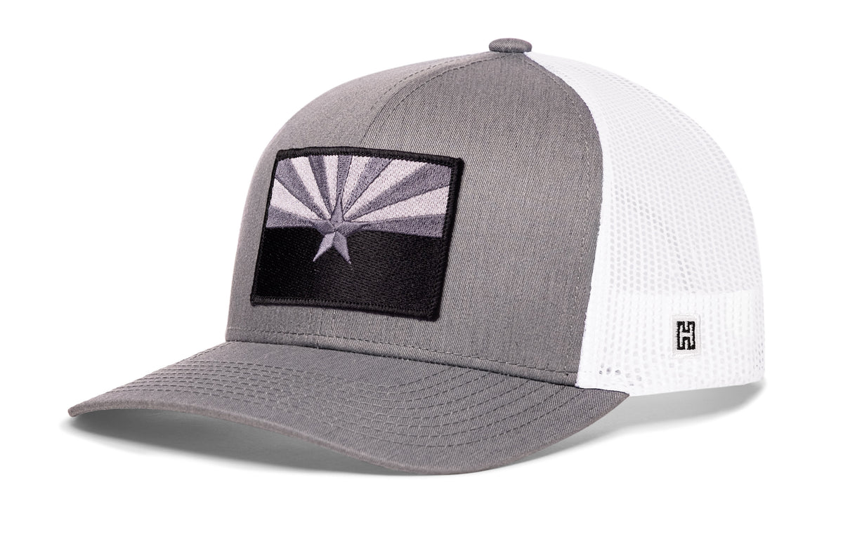 Arizona Flag Trucker Hat, gray-white snapback showing Haka brandmark on left side of cap.