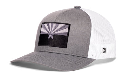 Arizona Flag Trucker Hat, gray-white snapback showing Haka brandmark on left side of cap.