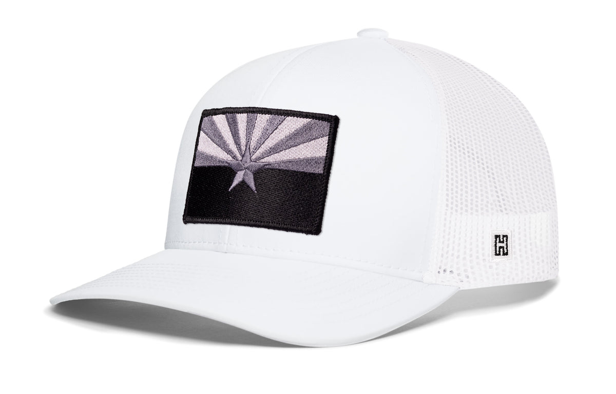Arizona Flag Trucker Hat, white snapback showing Haka brandmark on left side of cap.