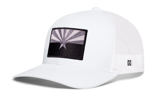 Arizona Flag Trucker Hat, white snapback showing Haka brandmark on left side of cap.