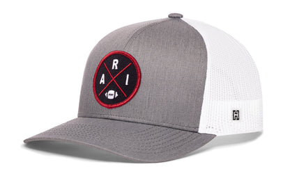 Arizona Football Trucker Hat, gray-white snapback showing Haka brandmark on left side of cap.