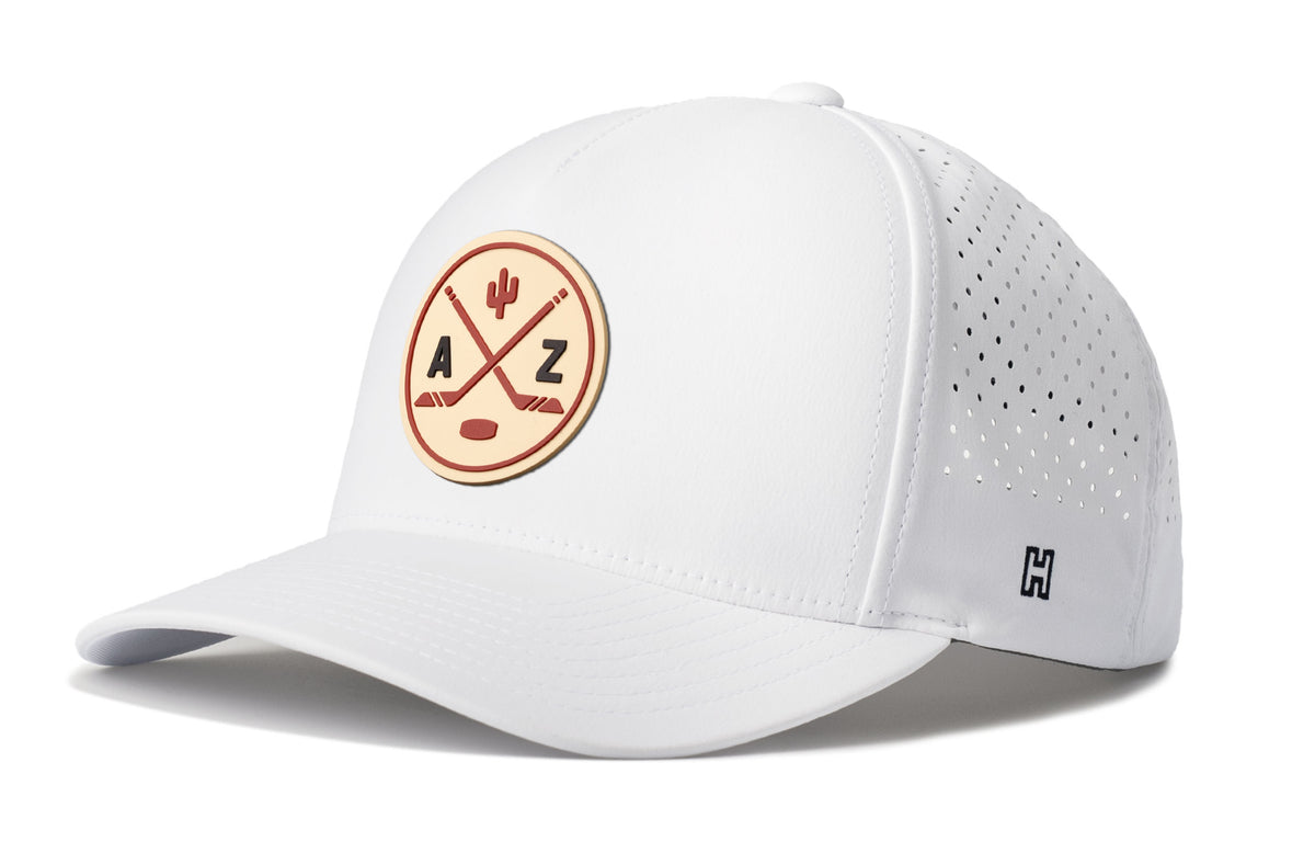 Arizona Hockey Performance 5-Panel Hat, white snapback showing Haka brandmark on left side of cap.