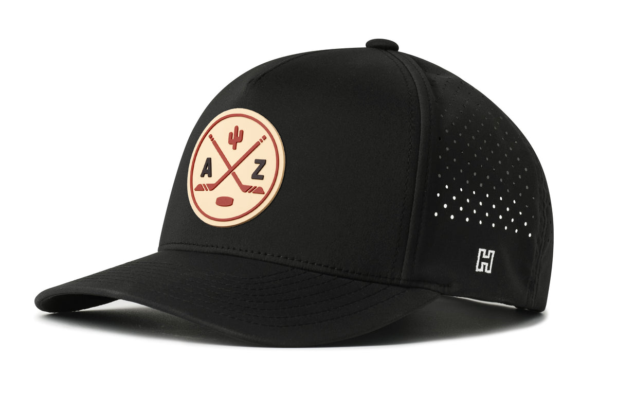 Arizona Hockey Performance 5-Panel Hat, black snapback showing Haka brandmark on left side of cap.