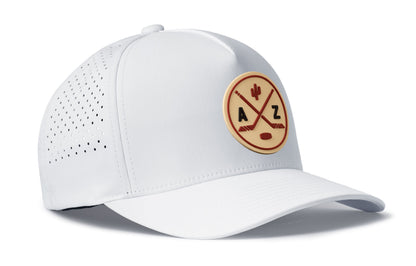 white performance 5-panel hat viewed from the right side, showcasing a bold desert sand and red pvc patch prominently displayed on the front