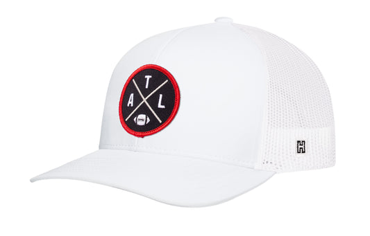 Atlanta Football Trucker Hat, white snapback showing Haka brandmark on left side of cap.
