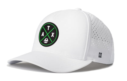 Austin Soccer Performance 5-Panel Hat, white snapback showing Haka brandmark on left side of cap.