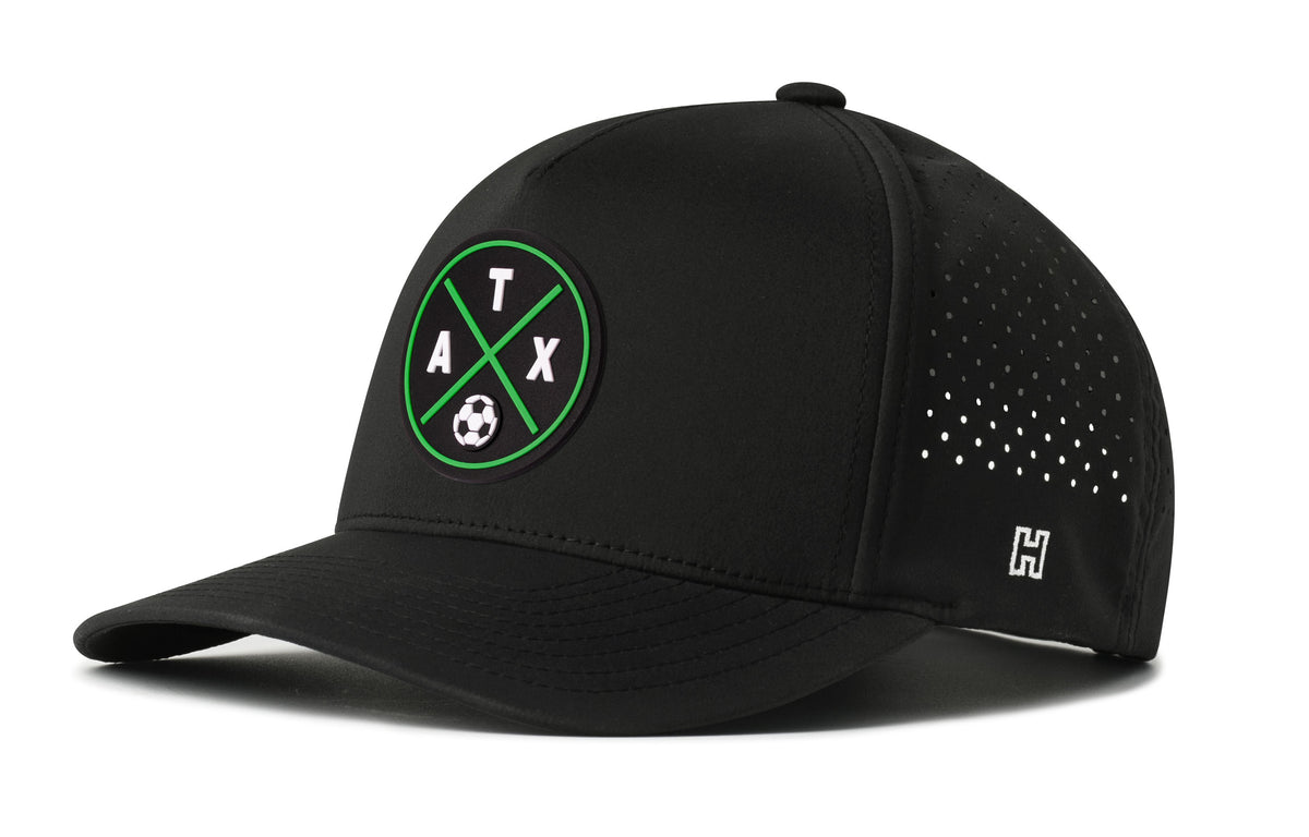 Austin Soccer Performance 5-Panel Hat, black snapback showing Haka brandmark on left side of cap.