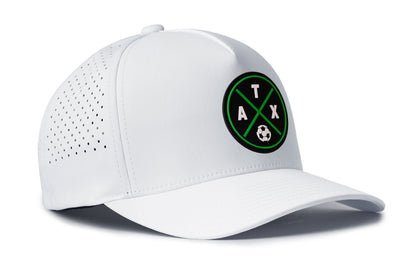 white performance 5-panel hat viewed from the right side, showcasing a bold black and green pvc patch prominently displayed on the front