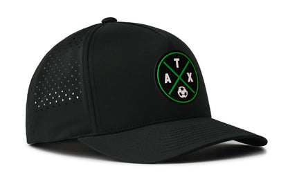 black performance 5-panel hat viewed from the right side, showcasing a bold black and green pvc patch prominently displayed on the front