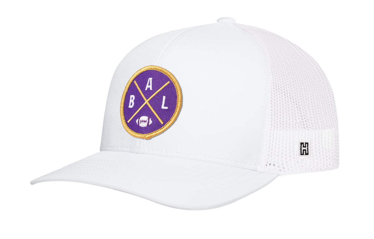 Baltimore Football Trucker Hat, white snapback showing Haka brandmark on left side of cap.