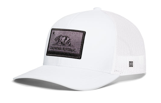 California Flag Trucker Hat, white snapback showing Haka brandmark on left side of cap.