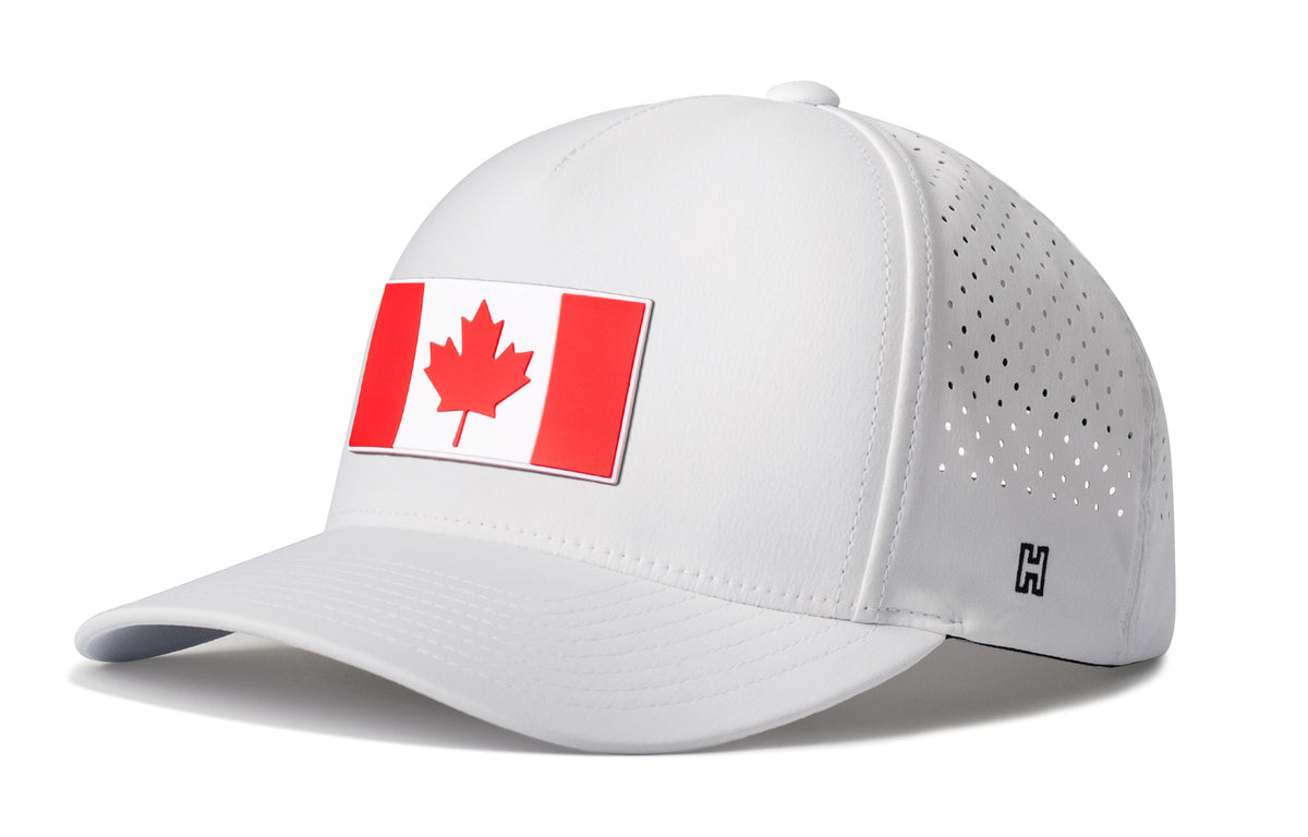 Canada Flag Performance 5-Panel Hat, white snapback showing Haka brandmark on left side of cap.