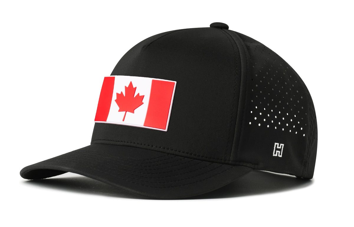Canada Flag Performance 5-Panel Hat, black snapback showing Haka brandmark on left side of cap.