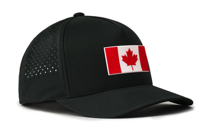 black performance 5-panel hat viewed from the right side, showcasing a bold red and white pvc patch prominently displayed on the front