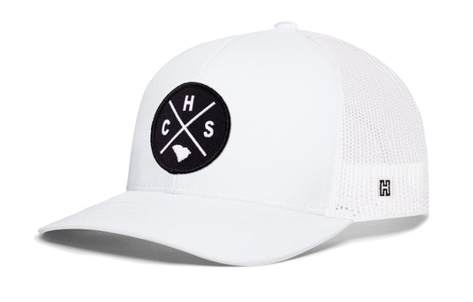 Charleston Trucker Hat, white snapback showing Haka brandmark on left side of cap.