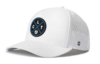 Charlotte Soccer Performance 5-Panel Hat, white snapback showing Haka brandmark on left side of cap.