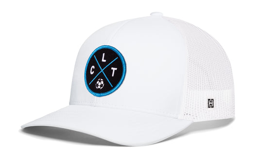 Charlotte Soccer Trucker Hat, white snapback showing Haka brandmark on left side of cap.