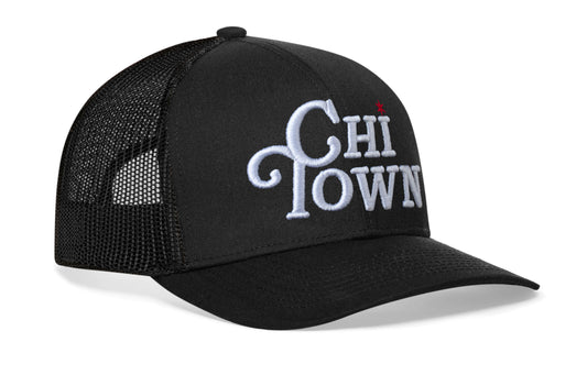 black trucker hat viewed from the right side, showcasing a White Chi Town Script 3D embroidery prominently displayed on the front