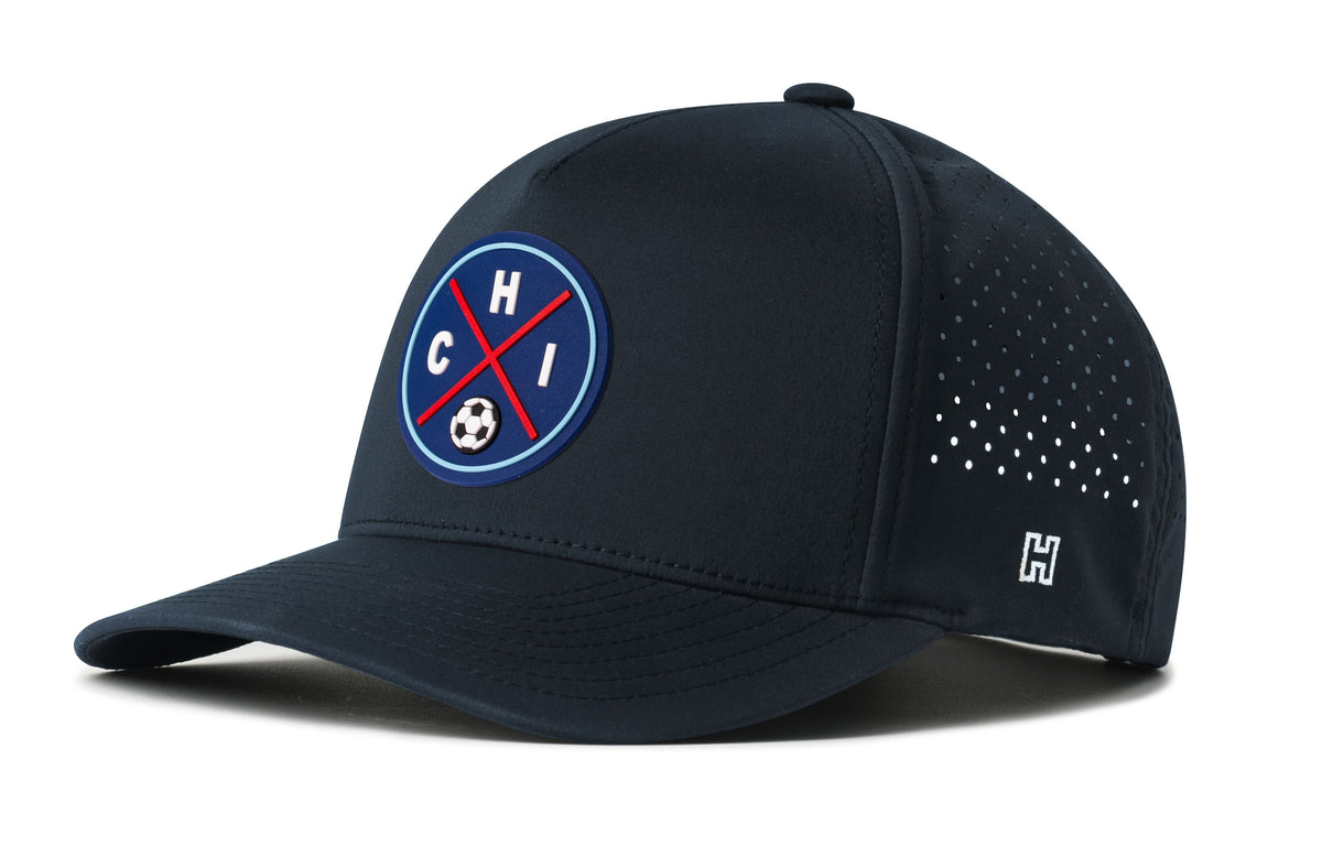 Chicago Soccer Performance 5-Panel Hat, navy snapback showing Haka brandmark on left side of cap.