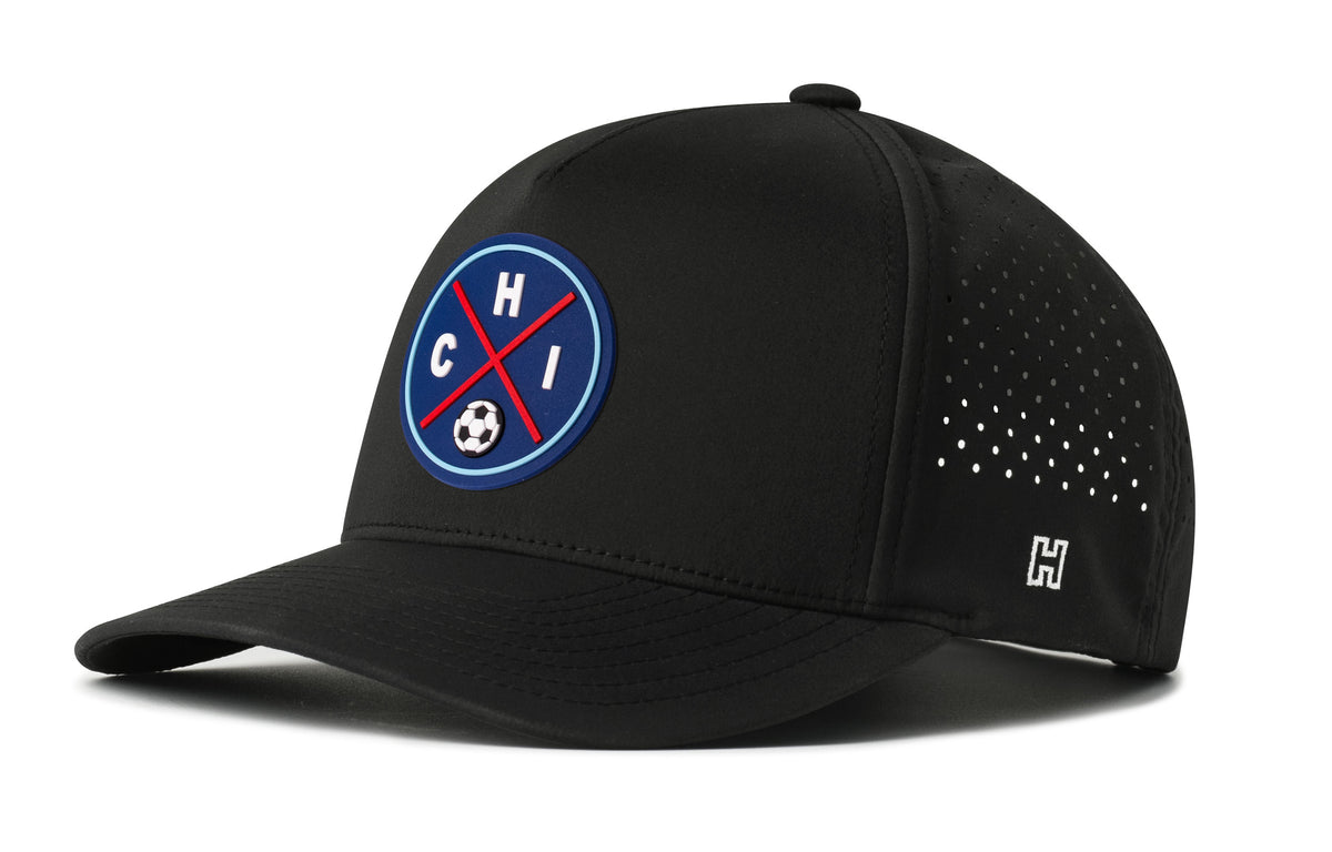 Chicago Soccer Performance 5-Panel Hat, black snapback showing Haka brandmark on left side of cap.