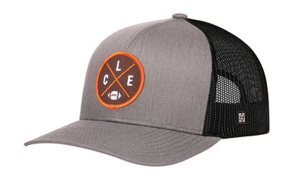 Cleveland Football Trucker Hat, gray-black snapback showing Haka brandmark on left side of cap.