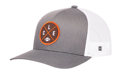 Cleveland Football Trucker Hat, gray-white snapback showing Haka brandmark on left side of cap.