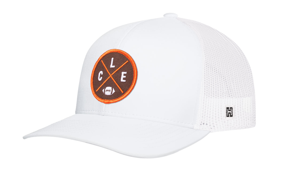 Cleveland Football Trucker Hat, white snapback showing Haka brandmark on left side of cap.