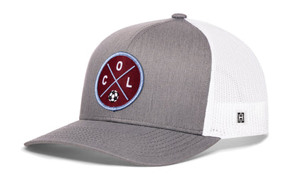 Colorado Soccer Trucker Hat, gray-white snapback showing Haka brandmark on left side of cap.