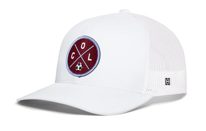 Colorado Soccer Trucker Hat, white snapback showing Haka brandmark on left side of cap.
