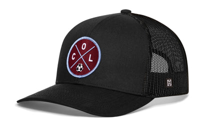 Colorado Soccer Trucker Hat, black snapback showing Haka brandmark on left side of cap.