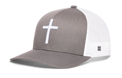 Cross Trucker Hat, gray-white snapback showing Haka brandmark on left side of cap.