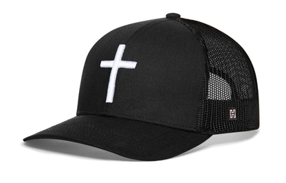 Cross Trucker Hat, black snapback showing Haka brandmark on left side of cap.