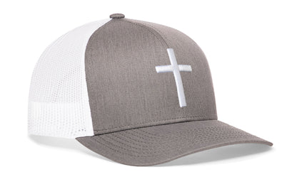 gray-white trucker hat viewed from the right side, showcasing a bold cross bold white 3D embroidery prominently displayed on the front