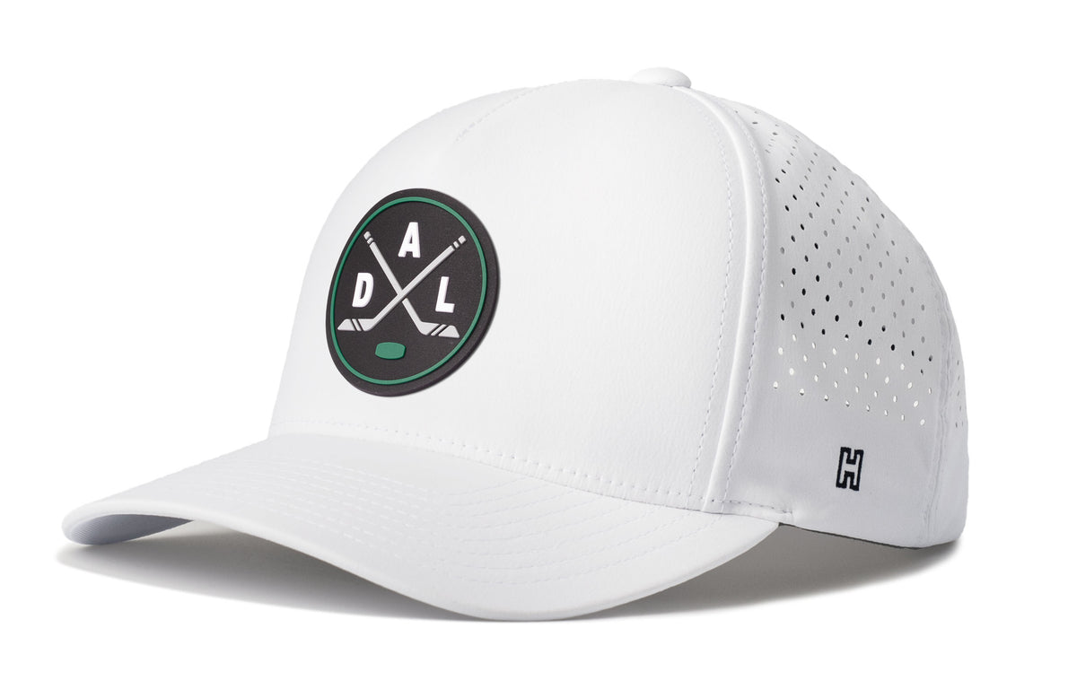 Dallas Hockey Performance 5-Panel Hat, white snapback showing Haka brandmark on left side of cap.