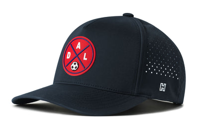 Dallas Soccer Performance 5-Panel Hat, navy snapback showing Haka brandmark on left side of cap.