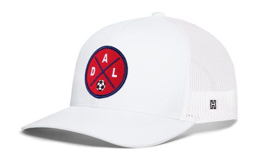 Dallas Soccer Trucker Hat, white snapback showing Haka brandmark on left side of cap.