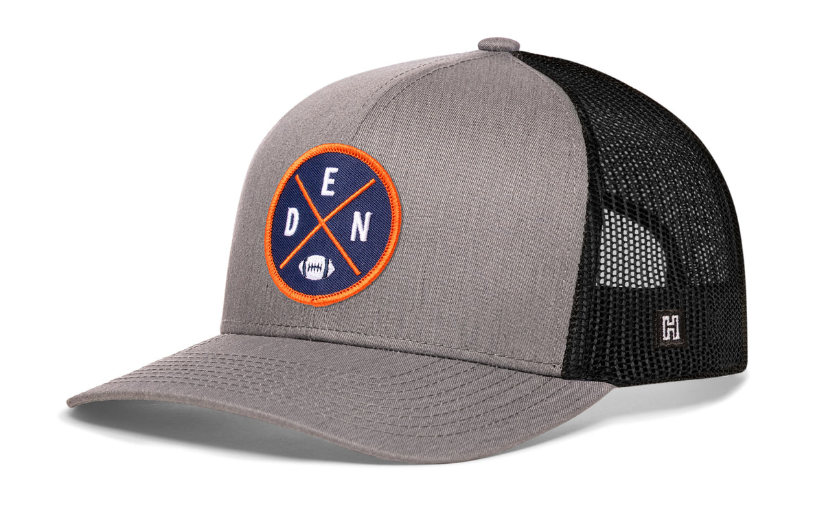 Denver Football Trucker Hat, gray-black snapback showing Haka brandmark on left side of cap.