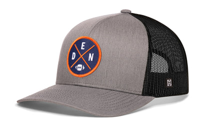 Denver Football Trucker Hat, gray-black snapback showing Haka brandmark on left side of cap.