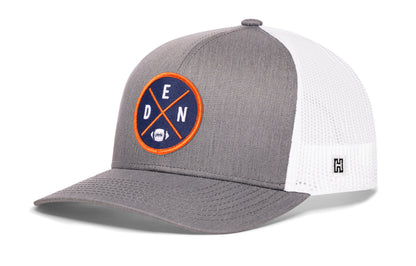 Denver Football Trucker Hat, gray-white snapback showing Haka brandmark on left side of cap.