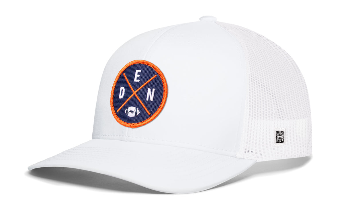 Denver Football Trucker Hat, white snapback showing Haka brandmark on left side of cap.