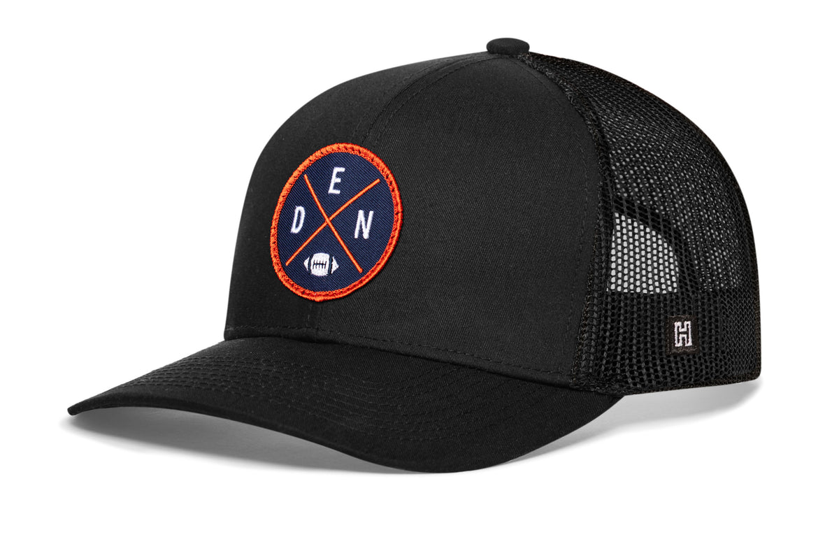 Denver Football Trucker Hat, black snapback showing Haka brandmark on left side of cap.