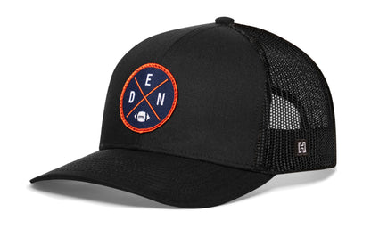 Denver Football Trucker Hat, black snapback showing Haka brandmark on left side of cap.
